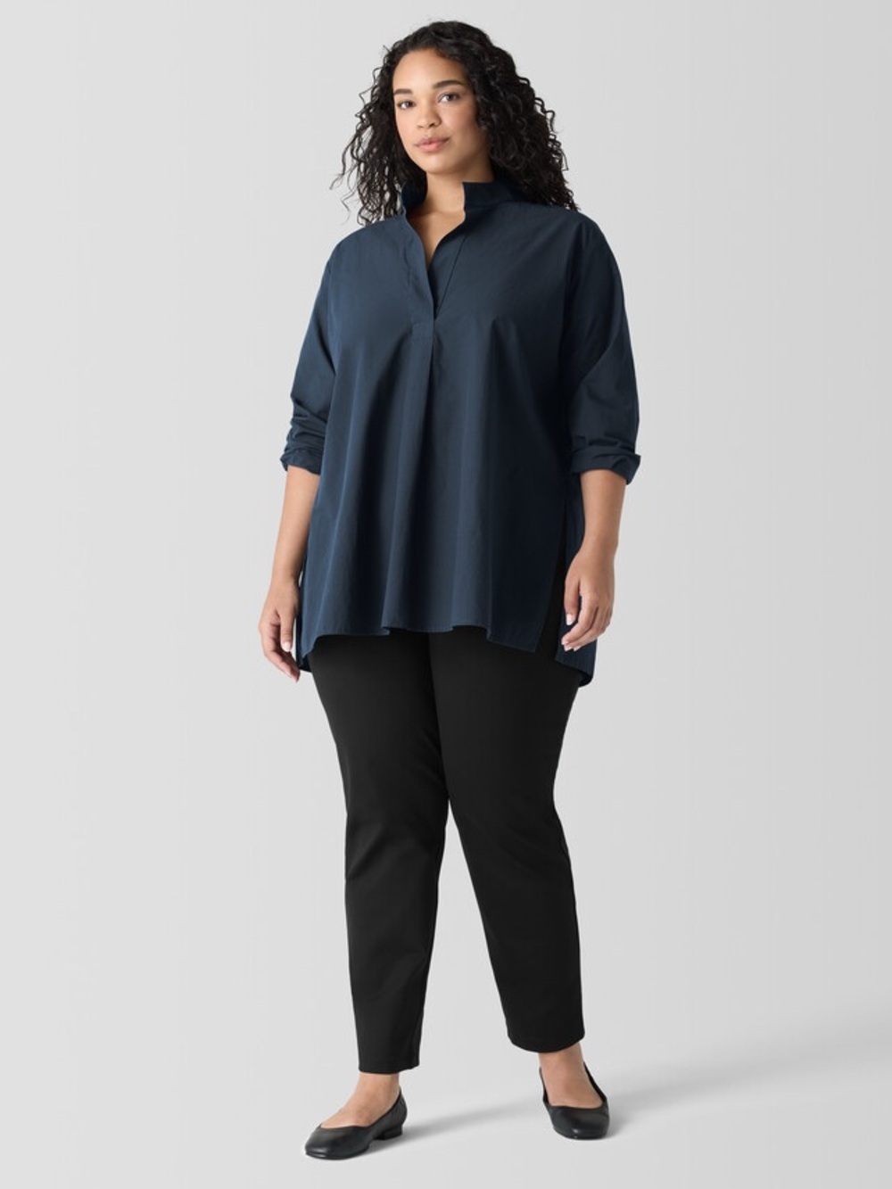 Eileen Fisher Navy Blue Washed Organic Cotton Poplin Stand Collar Top Size 3X